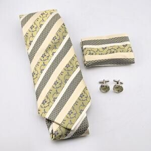 Barry Wang Necktie Set Striped Floral Jacquard Cufflinks Pocket Square Green New